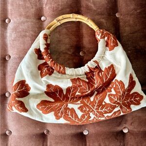 VTG Bamboo Handle Crescent Handbag with Embroidered Leaves